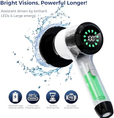 Electric Spin Scrubber, Cordless Power Cleaning Brush with 8 Replaceable Heads, 2 Adjustable Speeds, LED Display & Long Handle