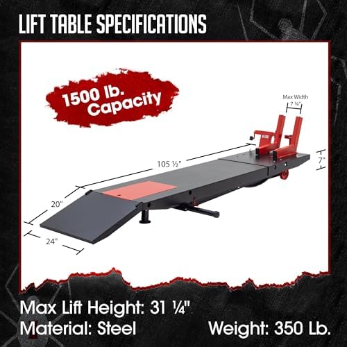 Motorcycle Lift Table, Pneumatic, 1,500 lb, ProLift, 31.25" H, Black Widow | Jack included, raise bike for service, maintenance, repair, handy, compressed air (compressor not included), push mower