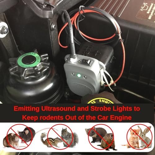 Angveirt Under Hood Rodent Repellent for Car Engine, 1 Pack | Ultrasonic Mice Deterrent with Strobe Lights, Connecting 12V 24V Car Battery