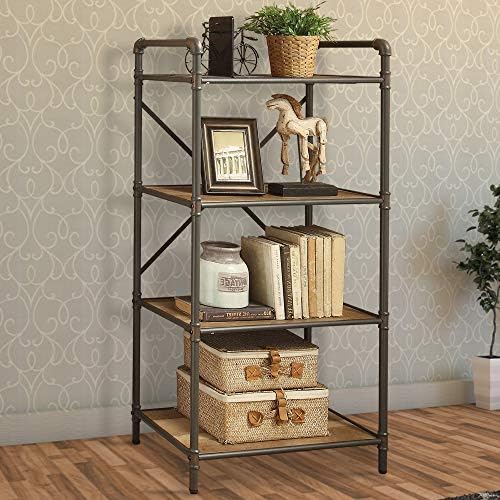 Benjara Benzara Four-Tier Metal Bookshelf with Wooden Shelves, Brown and Grey,