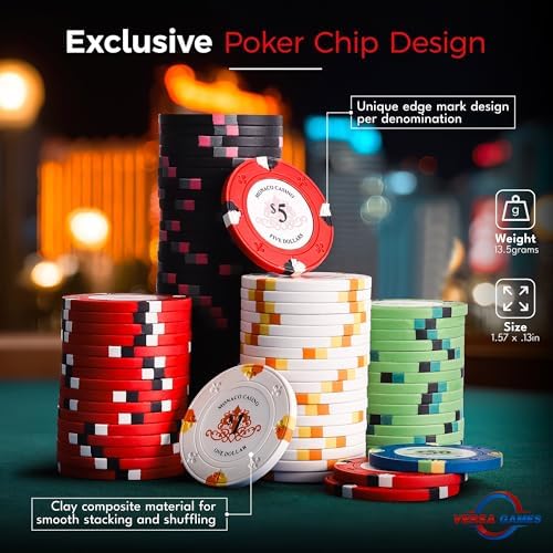 Poker Chips Set - 500pc Monaco Casino 13.5g Clay Poker Chips Set by Versa Games - Strong Aluminum Case, 2x Decks of Cards, 5x Dice