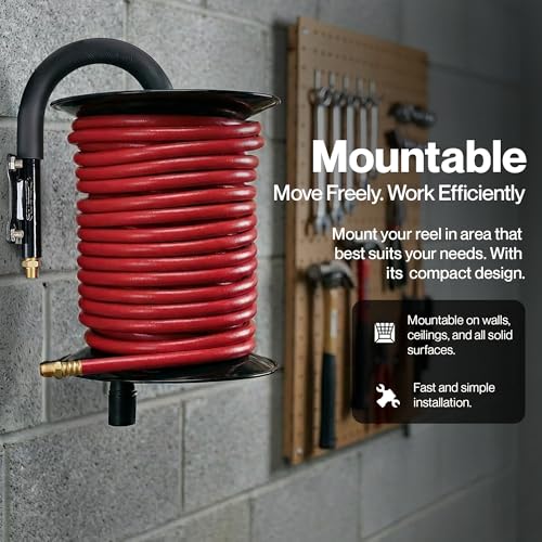 ReelWorks Air Hose Reel Tool Retractable Hand Crank 3/8" Inch x 100' Feet | 300 PSI / 20 BAR Heavy Duty Steel Construction, Hose Sold Separately