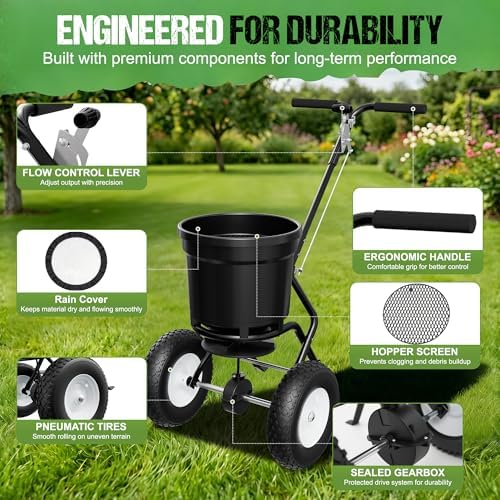 PPOLB Broadcast Spreader for Lawns, 50LB Fertilizer Spreader with 30-Level Flow Control, Walk Behind Lawn Seed & Salt Spreader, 0–10FT Coverage, Hopper Screen, Rain Cover, 12" Pneumatic Wheels