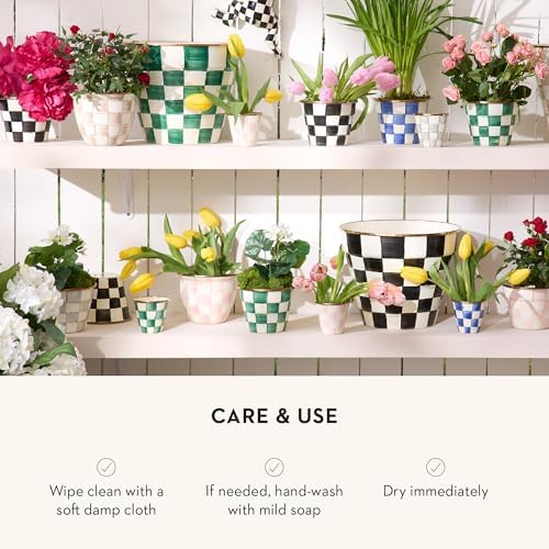 MACKENZIE-CHILDS Enamel Herb Pot Set, Small, Black-and-White Courtly Check | Hand-painted design, small plant pots for herbs or flowers, 8-ounce capacity per pot, set of 3