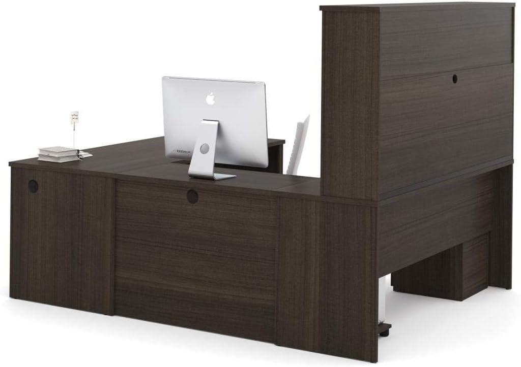 Pemberly Row 71" U-Shaped Computer Desk with Hutch, Dark Chocolate Finish, Melamine and High-Density Particle Board, Reversible Design