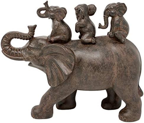 Nature's Mark 8" H 3 Baby Elephants Riding an Elephant Resin Statue Figurine Home Decorative Accent Decor (Brown)