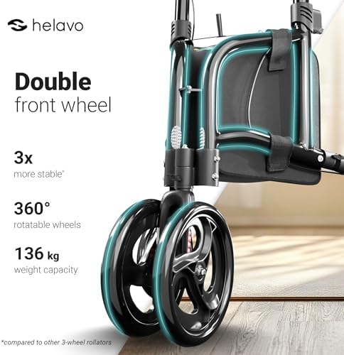 Helavo 3 Wheel Walker with Double Front Wheels, Narrow Walker for Seniors | Rollator Walker for Small Spaces, Easier Maneuverability, 26.8" Wide