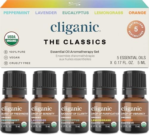 Cliganic Organic Essential Oils Set (Top 5 - The Classics) - 100% Pure Natural - Aromatherapy, Candle Making - Peppermint, Lavender, Eucalyptus