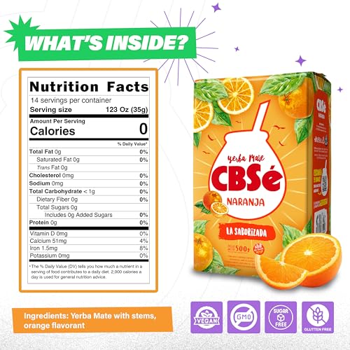 CBSé Yerba Mate Orange Flavor – Loose Leaf Yerba Mate Tea, Naturally Caffeinated, Gluten-Free - 1.1 Lbs- 500 Gr.