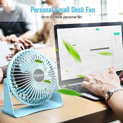 BESKAR USB Small Desk Fan, Portable Table Fans with 3 Speeds Strong Airflow
