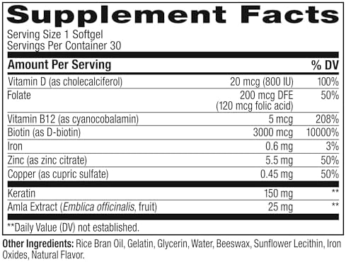 OLLY Ultra Strength Hair Softgels, Biotin, Keratin, Vitamin D, B12 - 30 Ct