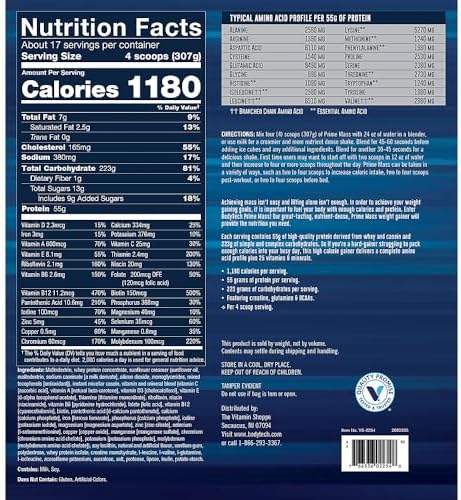 BodyTech Prime Mass Weight Gainer, Vanilla, 55g Protein, 12 lb | 1180 Calories, 223g Carbs, Whey & Casein Blend, BCAAs, Creatine & Glutamine