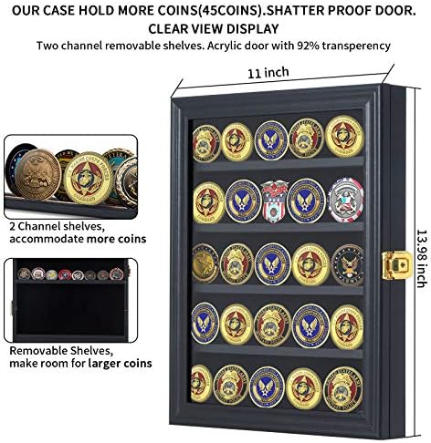 Jinchuan Military Challenge Coin Display Case Lockable Cabinet Rack Holder Shadow Box with Removable 2 Grooves Shelves and Anti Dust Door for Casino