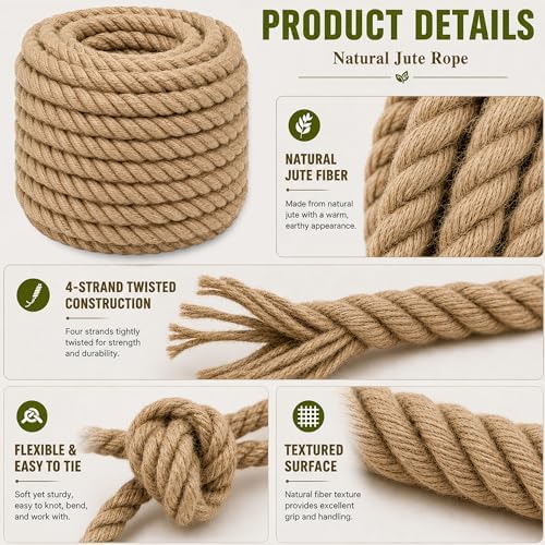 Twisted Manila Jute Rope (1 Inch x 10 Feet) Natural Thick Hemp Rope for Crafts, Nautical, Railings, Hammock, Decorating