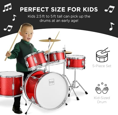 Best Choice Products Kids 5-Piece Beginner Drum Set Junior Kit, Starter Percussion w/Cymbals, Pedal, Drumsticks, Stool, Toms, Snare, Hi Hat - Black