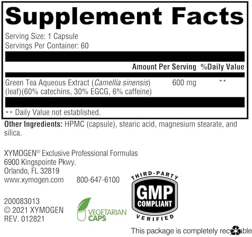 XYMOGEN Green Tea 600 - Antioxidant & Immune Support - 600 mg Green Tea Aqueous Extract - Vegetarian, Gluten-Free & Non-GMO - 60 Capsules