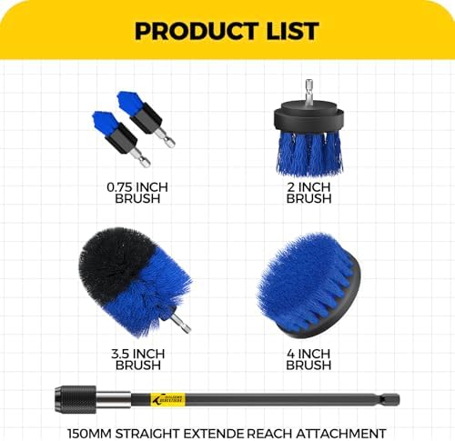 Holikme 6Pc Drill Brush Set - Soft Bristles with Extension for Home Clean | 5 Head Sizes, Yellow Nylon Fibers, Power Scrubber Attachments for Tile, Tub, Shower, Floors, Kitchen and Auto Interior Care