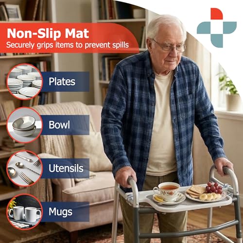 Sammons Preston Standard Walker Tray, Clip-On Surface with Cup Holders, Lightweight Raised-Edge Design for Bariatric Walkers, Stable Dining and Utility Support for Seniors and Mobility Aid Users