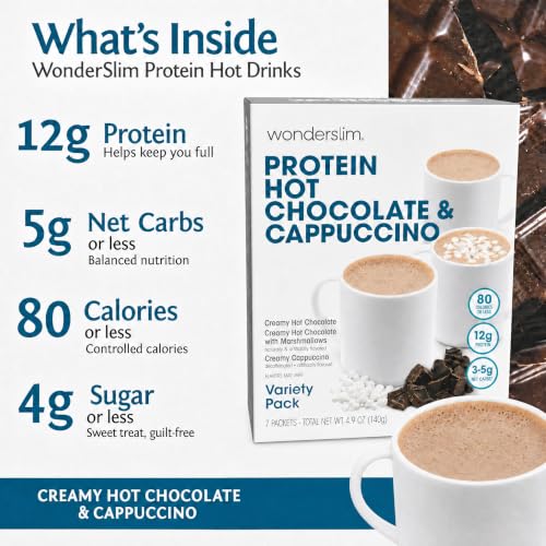 Wonderslim Protein Coffee Drink Mix with Casein Protein – 7 ct (Cappuccino) | With Collagen, 12g Protein, 70 Calories, Low Sugar, 3g Net Carbs, Keto Friendly, Gluten Free, GLP-1 Friendly Coffee Drink Mix