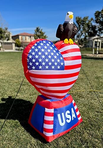 5 Foot Tall Patriotic Independence Day 4th of July Inflatable | Love Heart with American Flag and Bald Eagle, Pre-Lit LED Lights, Outdoor Indoor