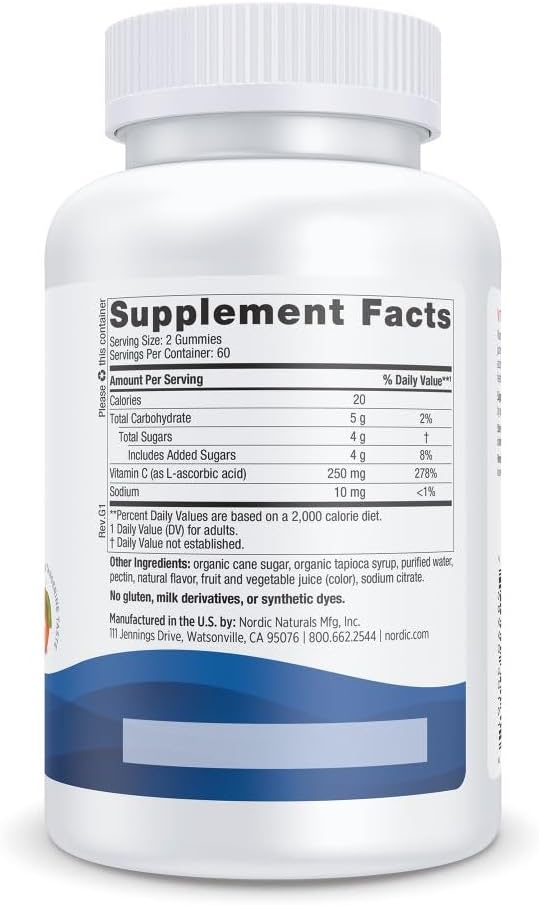Nordic Naturals Vitamin C Gummies, 250mg Vegan, Tart Tangerine - 60 Count | Supports immune health, antioxidant protection, child growth & development. Tart tangerine flavor gummies for kids & adults