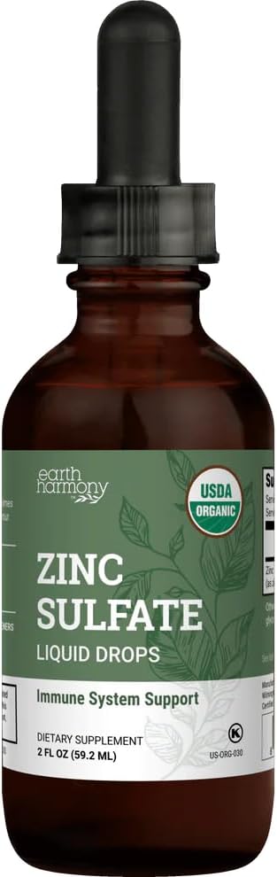 Organic Liquid Zinc Sulfate - Pure Zinc Supplements for Skin Health, Immune System Function and Normal Cell Growth in Adult Men & Women - Non-GMO