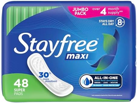 Stayfree Maxi Super Pads Wingless, Period and Leaks, 66 ct