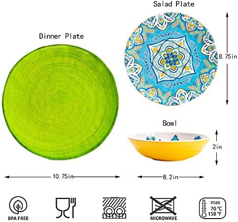 Melamine Dinnerware Set 12 Pcs Durable Dishware Colorful Plate Bowl Set Dishwasher Safe Shatter Proof Chip Resistant Not Microware Not Oven