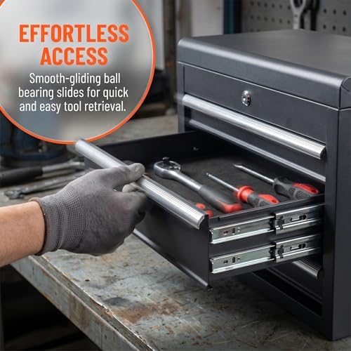 24" Metal Portable Tool Box with 5 Drawers, Lockable, Red | ToolBox with Top Storage Tray, Carry Handle, Ball Bearing Runners, Tool Chest Cabinet for Garage, Warehouse, Repair Shop