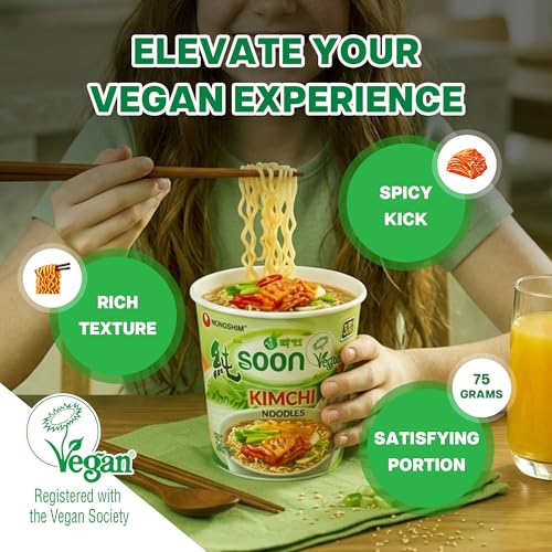 Nongshim Soon Veggie Ramyun Noodles, Signature Korean Instant Ramyun, Vegetable Flavored Broth, Vegan Noodles, Quick & Easy, Microwaveable Cup, 2.64 oz (Pack of 6)