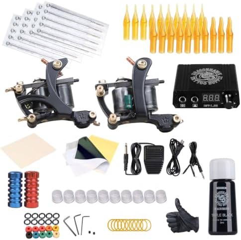 Dragonhawk Traditional Pro Complete Tattoo Kit - Two Machines Gun Easy Use Color Ink Power Supplies Disposable Needles Grips Great for Beginners &