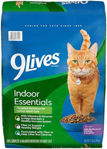 9Lives Indoor Essentials Dry Cat Food with Chicken & Salmon, 12 lb. Bag | 100% Complete & Balanced Nutrition For Indoor Adult Cats With Lean Protein & Fiber To Help Support A Healthy Weight