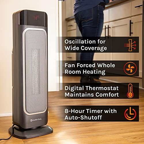 Comfort Zone Electric 24" Oscillating Digital Tower Space Heater with Full Function Remote, Adjustable Thermostat, and Overheat Protection