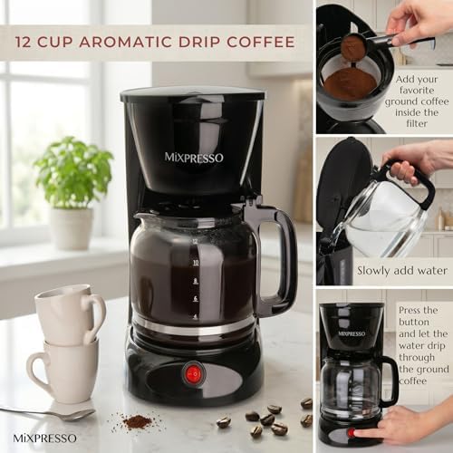 Mixpresso 5 Cup Drip Coffee Maker, Coffee Pot with Reusable Filter, Black | Glass Carafe Coffee Machine with Auto-Off, Anti-Drip, Water Window and Easy On/Off Switch for Convenient Everyday Brewing