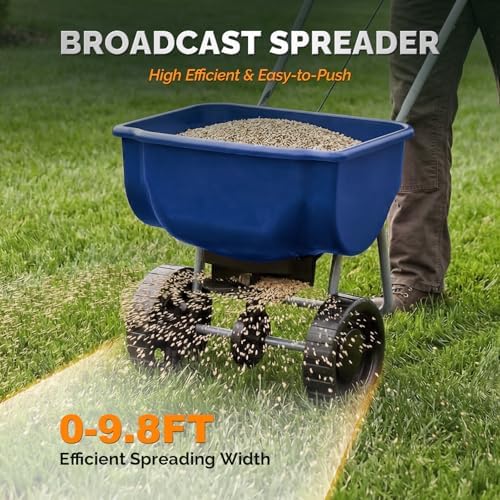 VINGLI 70lbs Fertilizer Spreader with 15 Adjustable Drop Rate, Pre-Assembled Walk-Behind Seed Spreader, with 9" Tire for Multi-Terrain, Broadcast Spreader for Lawn Care & Seed Spreading