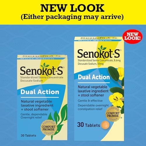 Senokot-S Dual Action 60 Tablets, Natural Vegetable Laxative Ingredient Plus Stool Softener Tablets, Gentle Dependable Overnight Relief of Occasional constipation White