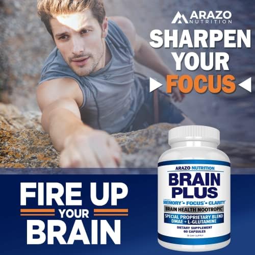Arazo Nutrition Premium Brain Function Supplement – Memory, Focus, Clarity – Nootropic Booster with DMAE, Bacopa Monnieri, L-Glutamine