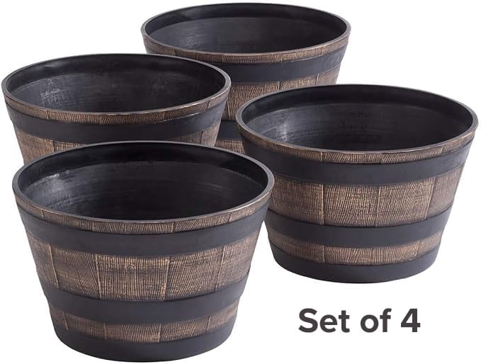 Fox Valley Traders Wood-Look Barrel Planters, Lightweight Durable | Plastic, Outdoor D cor, Rustic - 8 -H x 13 -Dia