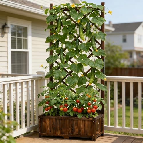 Anraja Raised Garden Bed with Trellis Wooden Flower Standing Planter Box Outdoor Wood Lattice Panels Privacy Screen for Climbing Plant Planting