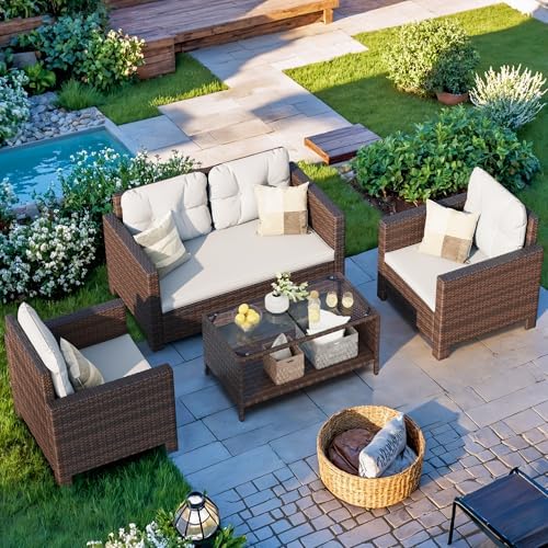 Homall 4 Pieces Patio Furniture Sets Wicker Chair Conversation Sofa