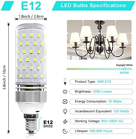 LEDLightsWorld Super Bright E12 LED Corn Bulbs, 16W 1500LM Bulbs, Daylight White 6000K Lights, CRI80+, 120W Incandescent Bulb Equivalent