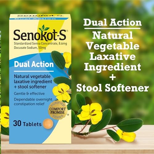 Senokot-S Dual Action 60 Tablets, Natural Vegetable Laxative Ingredient Plus Stool Softener Tablets, Gentle Dependable Overnight Relief of Occasional constipation White