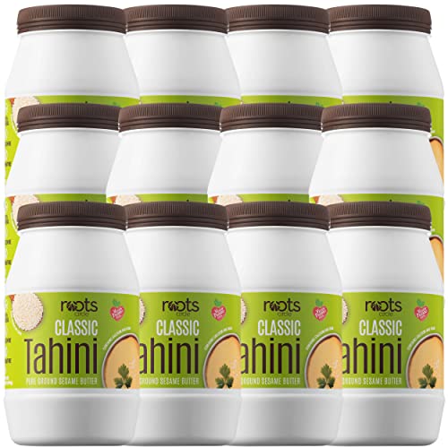 Roots Circle All-Natural Sesame Tahini Paste | 100% Pure Rich & Creamy Ground Sesame Seed Paste for Hummus, Tahini Sauce, Dressing & Dips | Vegan, Kosher | Non-GMO, Gluten & Peanut-Free | 2 Jars 16 Oz