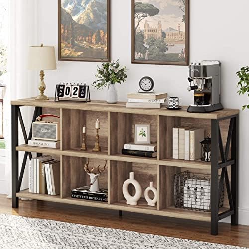 FATORRI 8 Cube Storage Organizer Bookshelf, 62 Inch Wood Horizontal Bookcase, Farmhouse Cube Long Book Shelf