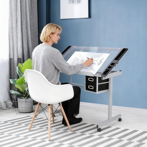 ZENY Drafting Table on Wheels with Storage Drawers, Adjustable Glass Tabletop, Craft Table Drawing Desk Artist Hobby Table for Painting, Drawing