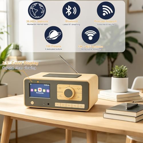 Ocean Digital WR-393 WiFi Internet Radio with FM, Podcast, Bluetooth Speaker, 3.5" Color Display, 30, 000+ Stations, UPnP/DLNA Streaming