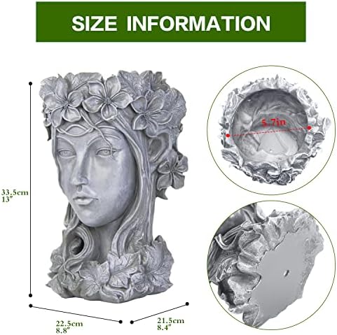 Sungmor Creative Goddess Head Planter Statue for Garden Ornaments | 9×9×14 Inch Premium Resin | Cool Face Large Diameter Flower Pot for Patio Lawn
