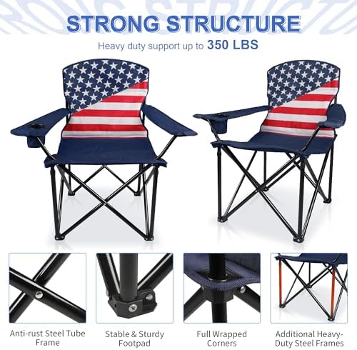 Oversized Camping Chairs 2 Pack - Heavy Duty 400LBS Padded Lawn Chair with Cooler Bag,Cup Holder,Side Pocket,Collapsible for Outdoor,Camp,Fishing & Garden,Dark Green