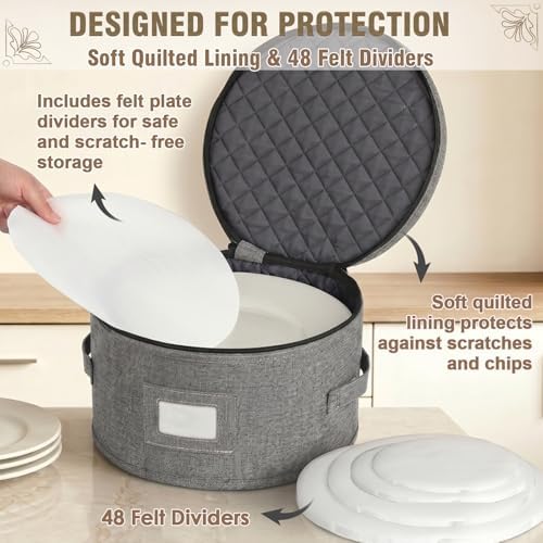 4PCS China Storage Containers, Hard Shell Dish Storage Containers w/ Felt Dividers, Quilted Plate Storage Cases for 12 Place Setting Charger Plates Dinnerware, Stackable Moving Boxes for Dishes