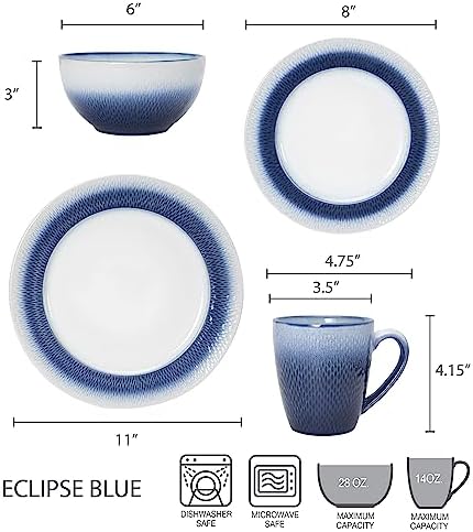Pfaltzgraff Eclipse Blue 16-Piece Stoneware Dinnerware Set, Service for 4 with Dinner Plates, Salad Plates, Bowls and Mugs